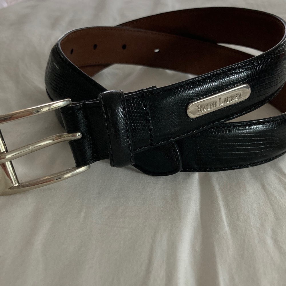 🆕 RALPH LAUREN Ladies Black Leather Lizard Embossed Belt w/ Shiny Silver Buckle!